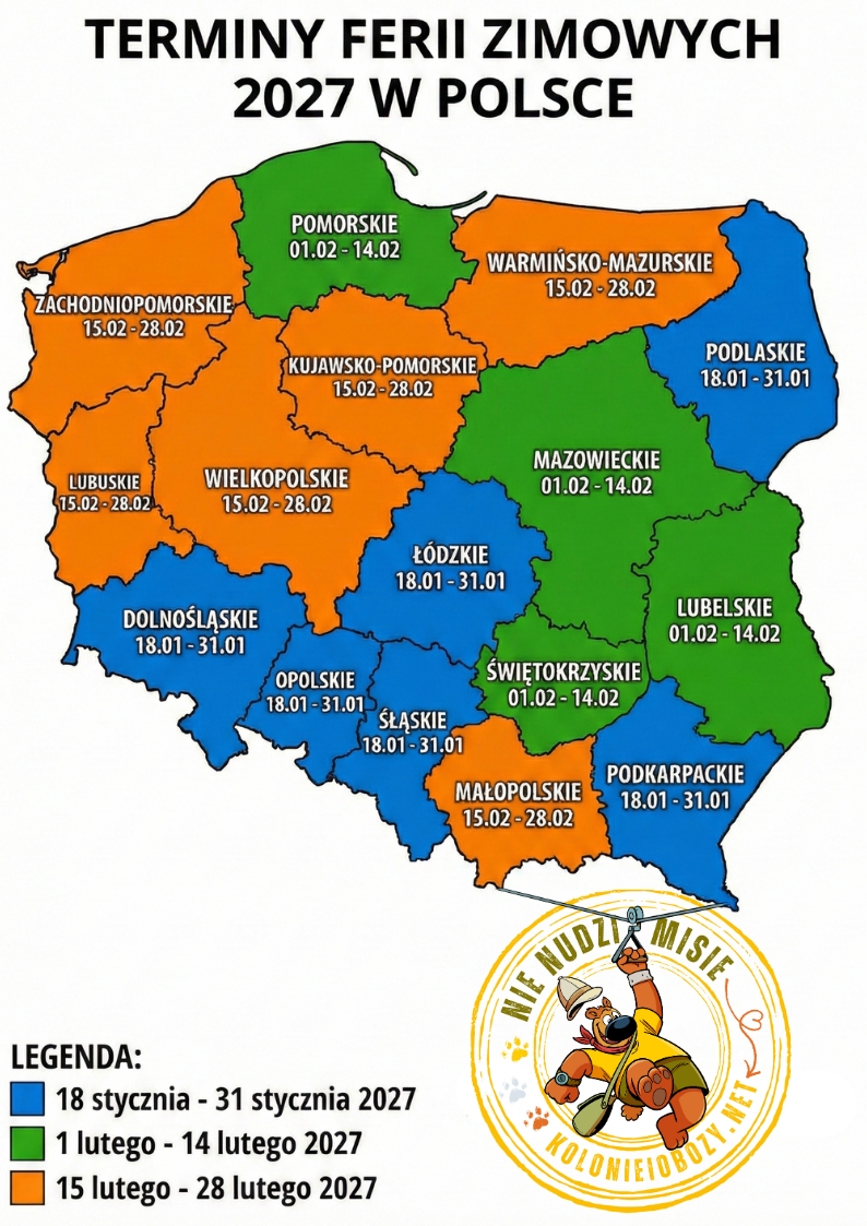 Ferie Zimowe 2027 - terminy dla poszczególnych województw